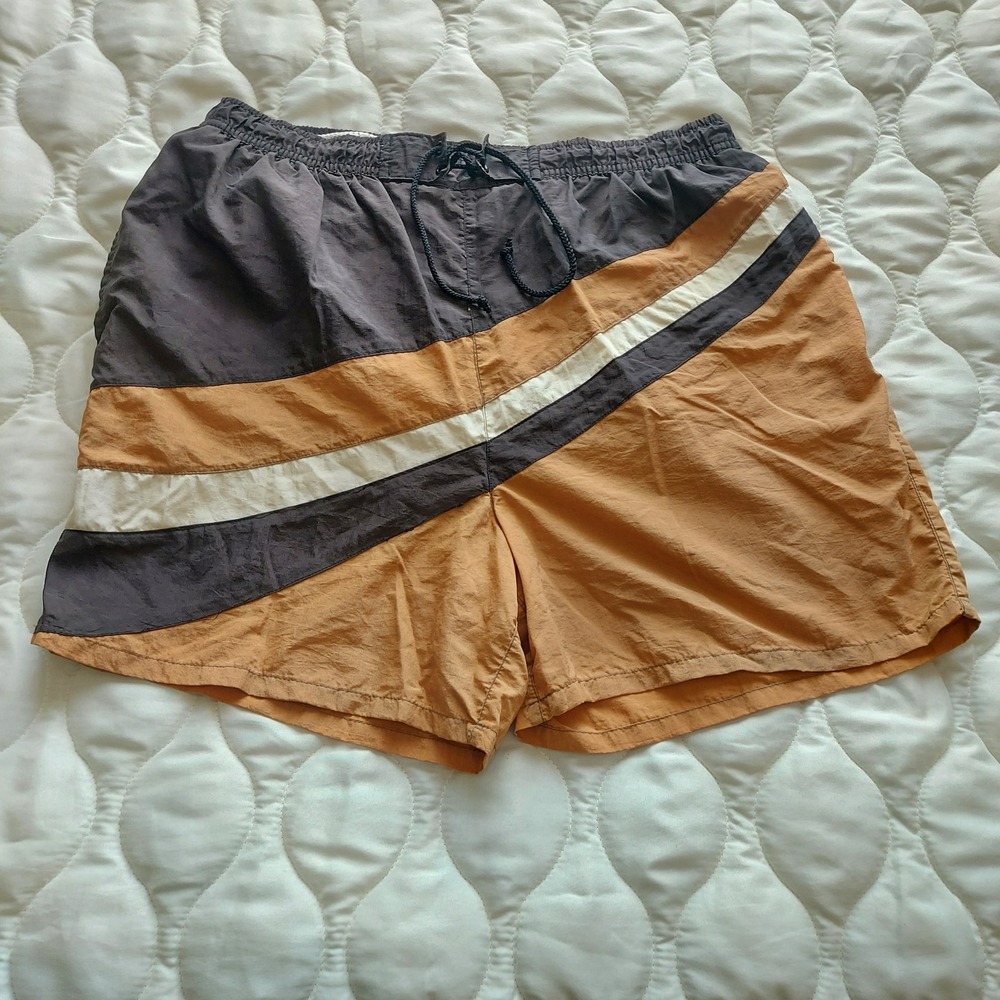 Basic Editions Mens Vintage Style Colorblock Wave Swim Trunks Brown Tan Medium